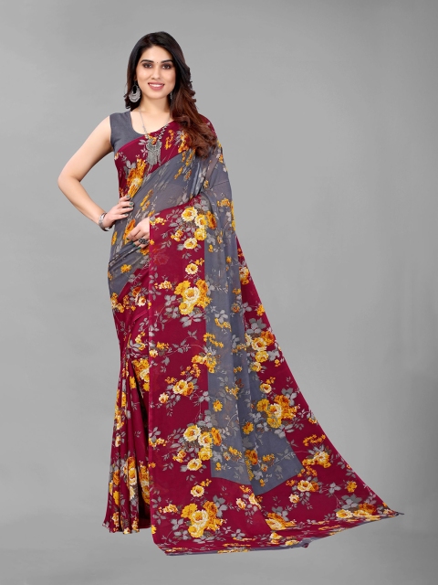 

KALINI Grey & Maroon Floral Pure Georgette Saree