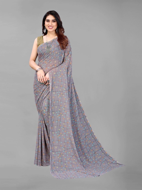 

KALINI Grey & Yellow Floral Pure Georgette Saree