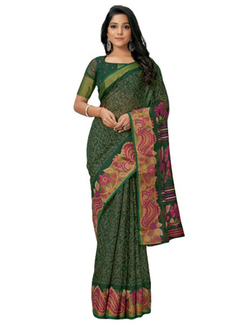 

KALINI Green & Magenta Floral Silk Cotton Saree