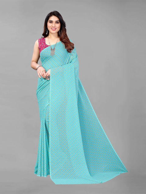 

KALINI Blue & Pink Polka Dots Printed Pure Georgette Saree