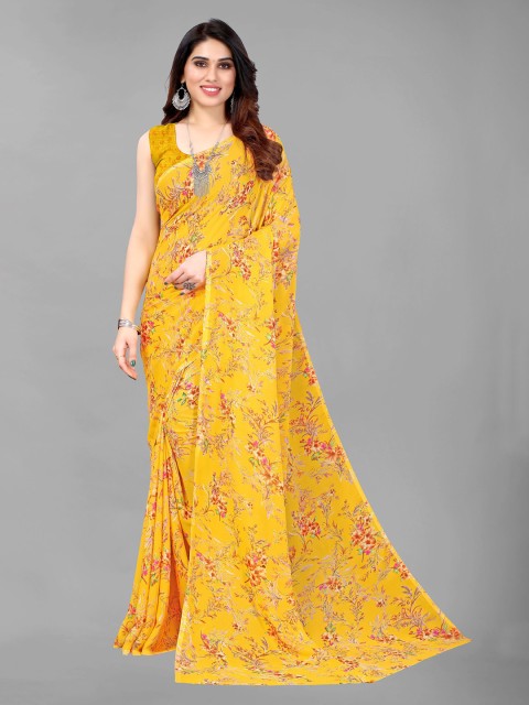 

KALINI Yellow & Pink Floral Pure Georgette Saree