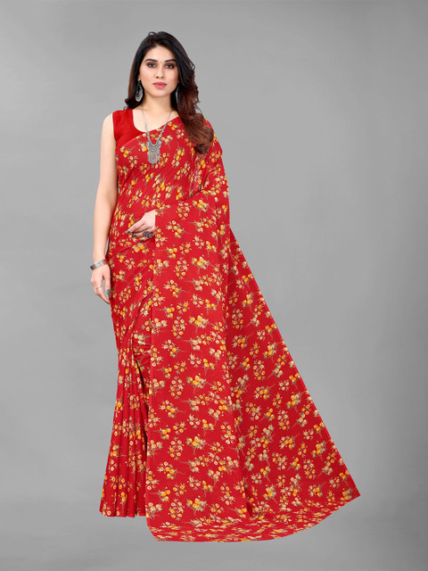 

KALINI Red & Yellow Floral Pure Georgette Saree