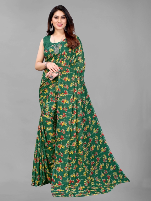 

KALINI Green & Yellow Floral Pure Georgette Saree