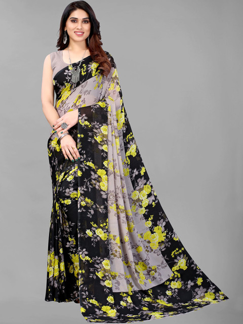 

KALINI Grey & Black Floral Printed Pure Georgette Saree
