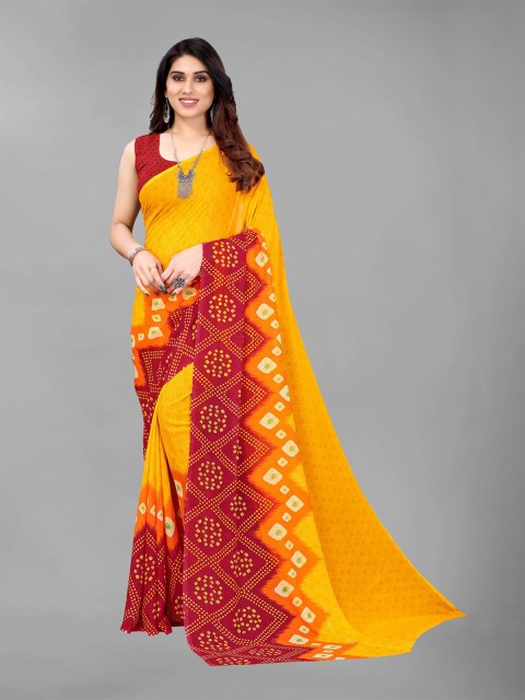 

KALINI Yellow & Red Bandhani Pure Georgette Saree