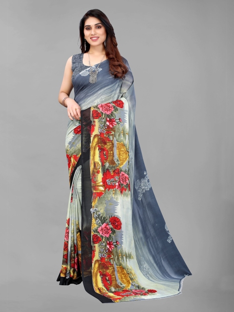 

KALINI Grey & Red Floral Pure Georgette Saree