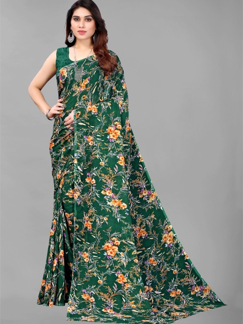

KALINI Green & Orange Floral Pure Georgette Saree