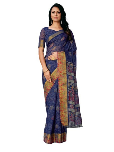 

KALINI Navy Blue & Gold-Toned Ethnic Motifs Printed Silk Cotton Saree