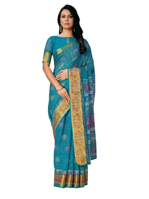 

KALINI Turquoise Blue & Beige Ethnic Motifs Silk Cotton Saree