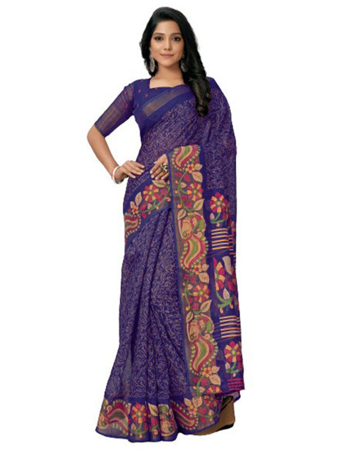 

KALINI Blue & Magenta Floral Silk Cotton Saree