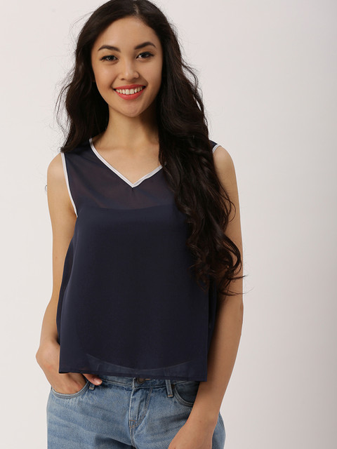 

DressBerry Women Navy Solid Sheer Top, Navy blue