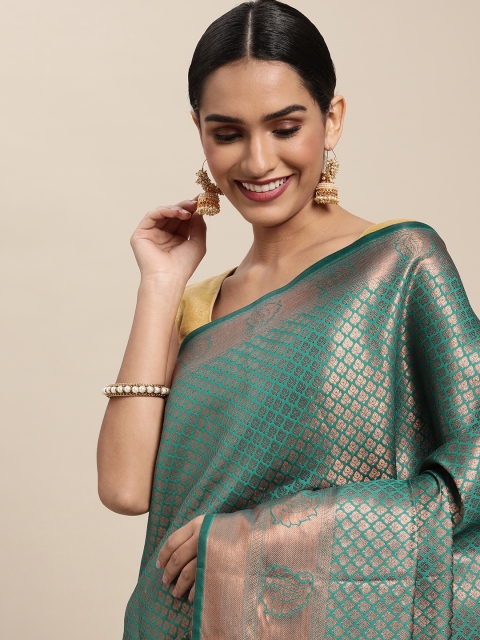 

Pothys Teal Green & Golden Jute Silk Woven Design Saree