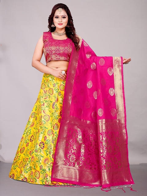 

Ekta Textiles Yellow & Pink Unstitched Lehenga & Semi-Stitched Blouse With Dupatta