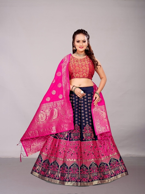 

Ekta Textiles Pink & Navy Blue Unstitched Lehenga & Semi-Stitched Blouse With Dupatta
