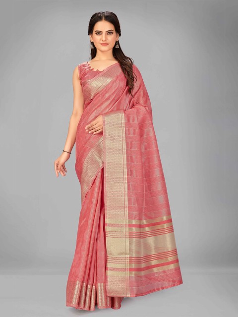 

MANOHARI Pink & Gold-Toned Striped Zari Silk Blend Saree
