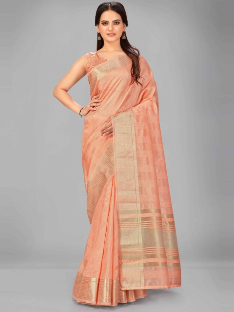 

MANOHARI Peach-Coloured Striped Zari Silk Blend Saree