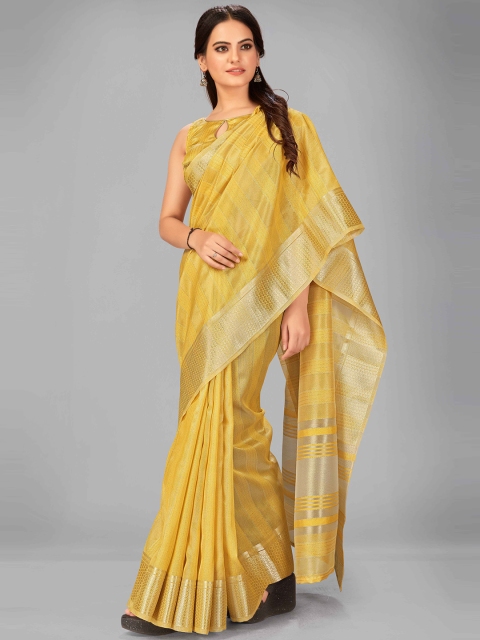 

MANOHARI Yellow & Silver-Toned Striped Zari Silk Blend Saree