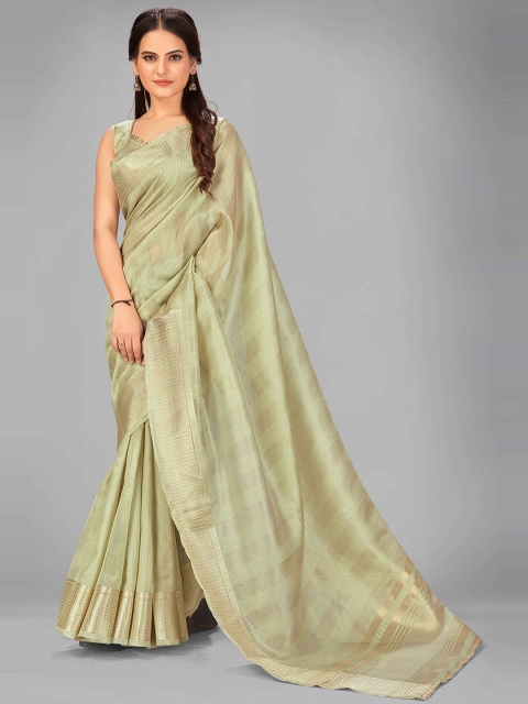 

MANOHARI Green & Gold-Toned Striped Zari Silk Blend Saree