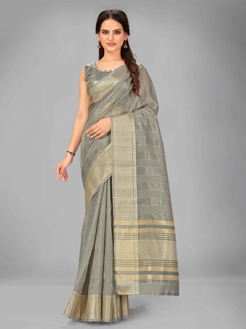 

MANOHARI Grey Striped Zari Silk Blend Saree