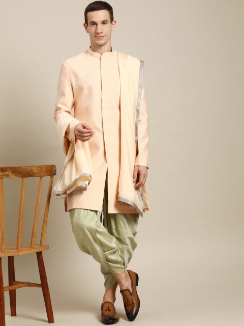 

KISAH Men Peach & Green Printed Sherwani Dhoti Pants Set