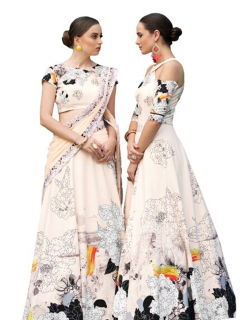

SAPTRANGI White & Black Printed Beads and Stones Semi-Stitched Lehenga & Unstitched Blouse With Dupatta