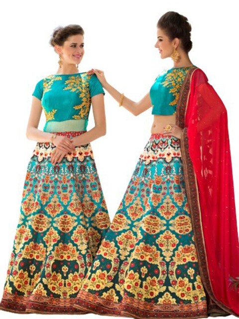 

SAPTRANGI Blue & Red Embroidered Thread Work Semi-Stitched Lehenga & Unstitched Blouse With Dupatta