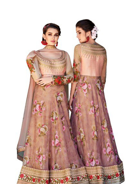 

SAPTRANGI Peach-Coloured & Green Embroidered Thread Work Semi-Stitched Lehenga & Unstitched Blouse With
