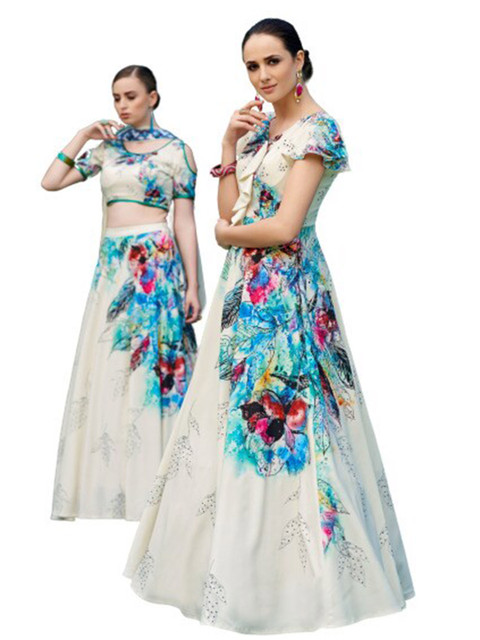 

SAPTRANGI White & Blue Printed Beads and Stones Semi-Stitched Lehenga & Unstitched Blouse With Dupatta