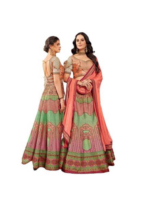 

SAPTRANGI Peach-Coloured & Pink Embroidered Thread Work Semi-Stitched Lehenga & Unstitched Blouse With