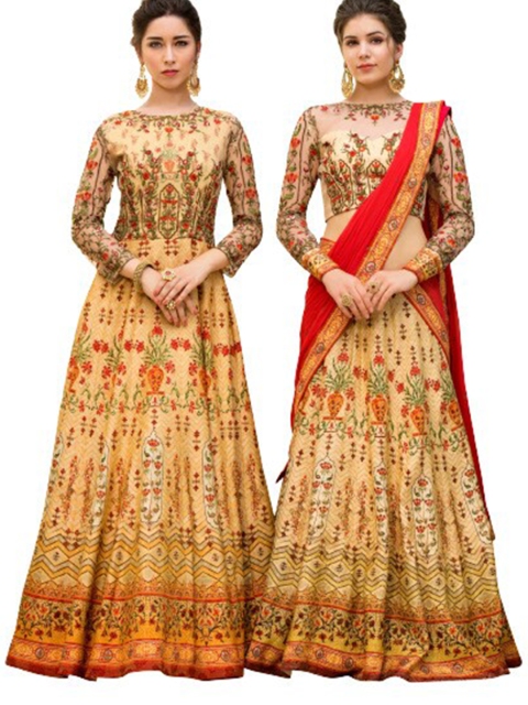 

SAPTRANGI Yellow & Red Embroidered Thread Work Semi-Stitched Lehenga & Unstitched Blouse With Dupatta
