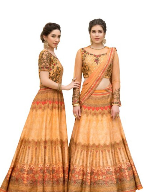 

SAPTRANGI Orange Embroidered Thread Work Semi-Stitched Lehenga & Unstitched Blouse With Dupatta