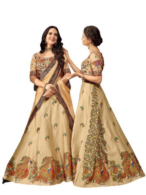 

SAPTRANGI Camel Brown & Green Embroidered Thread Work Semi-Stitched Lehenga & Unstitched Blouse With Dupatta