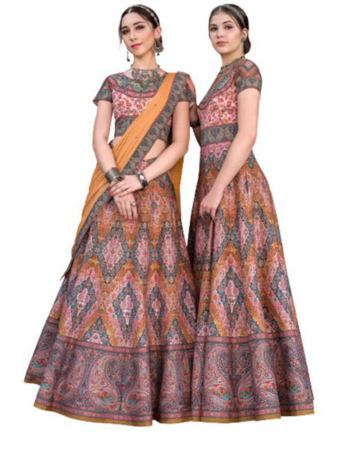 

SAPTRANGI Pink & Orange Printed Beads and Stones Semi-Stitched Lehenga & Unstitched Blouse With Dupatta