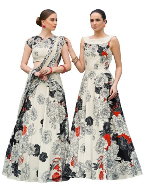 

SAPTRANGI White & Black Printed Beads and Stones Semi-Stitched Lehenga & Unstitched Blouse With Dupatta