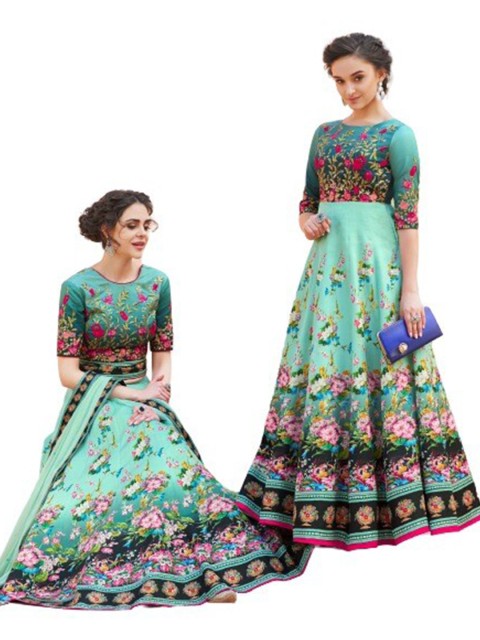 

SAPTRANGI Fluorescent Green & Red Embroidered Thread Work Semi-Stitched Lehenga & Unstitched Blouse With
