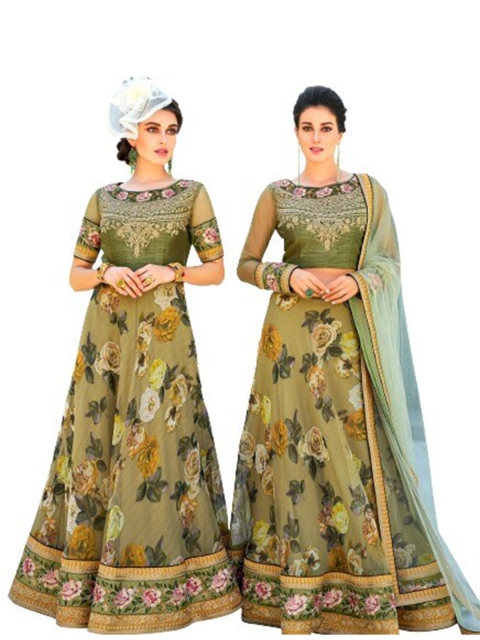 

SAPTRANGI Green & Blue Embroidered Thread Work Semi-Stitched Lehenga & Unstitched Blouse With Dupatta