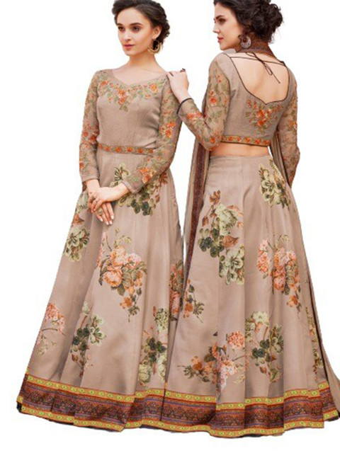 

SAPTRANGI Beige & Green Embroidered Thread Work Semi-Stitched Lehenga & Unstitched Blouse With Dupatta