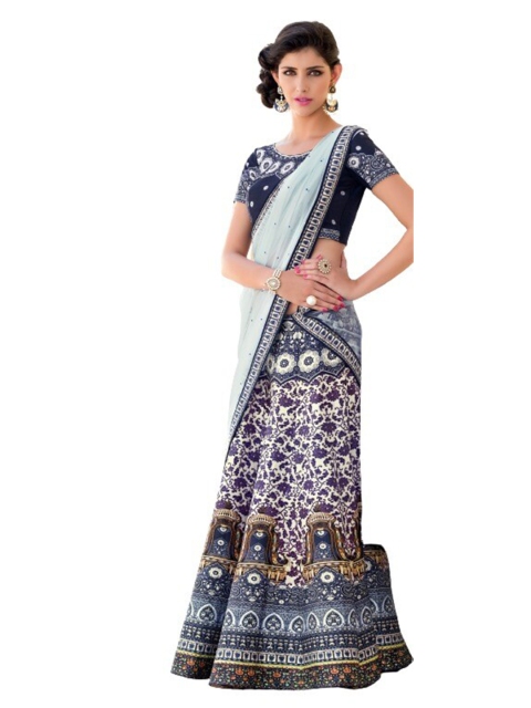 

SAPTRANGI Blue Printed Beads and Stones Semi-Stitched Lehenga & Unstitched Blouse With Dupatta