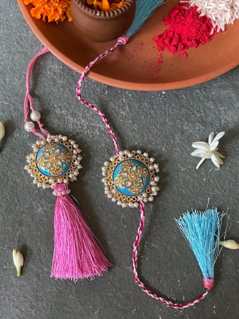 

Mitali Jain Set of 2 Kundan Pearl Rakhi & Lumba, Blue