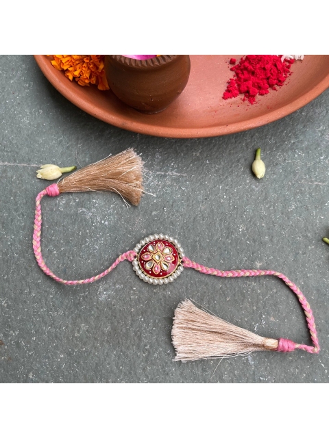 

Mitali Jain Pink & Red Tanjore Pearl Beaded Rakhi