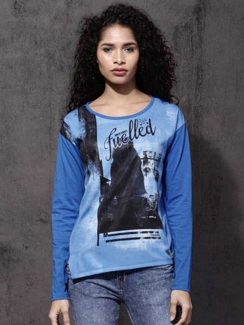 

Roadster Women Blue Printed Round Neck T-Shirt