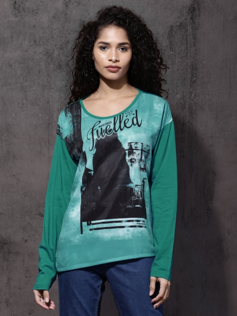 

Roadster Women Green Printed Round Neck T-Shirt