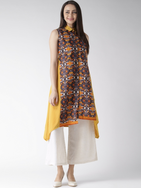 

GERUA Women Aubergine & Mustard Yellow Printed A-Line Kurta, Purple