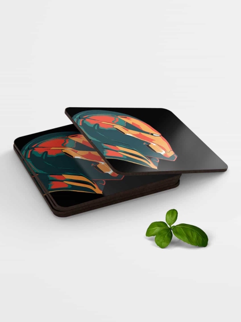 

macmerise Set Of 5 Black & Orange Ironman Wooden Coaster