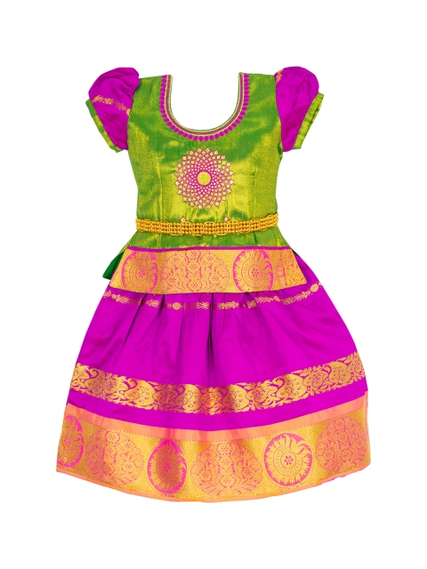 

AMIRTHA FASHION Girls Green & Pink Embroidered Thread Work Ready to Wear Lehenga