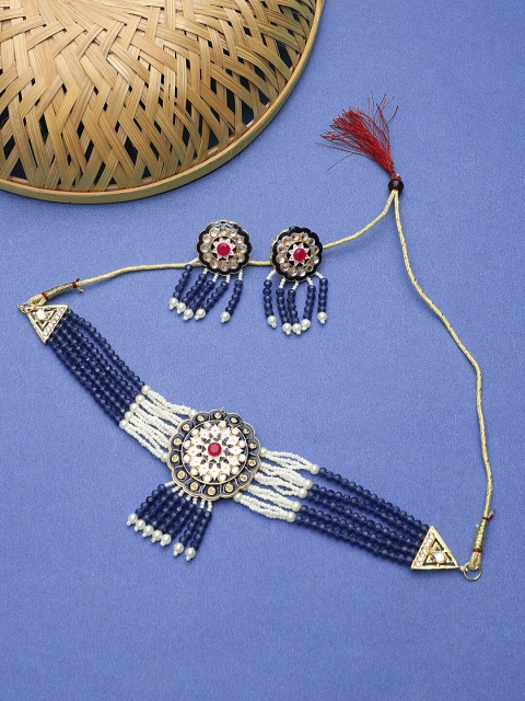 

STEORRA JEWELS Gold-Plated & White-Studded & Beaded Jewellery Set, Blue