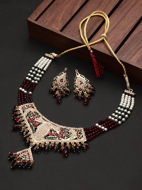

STEORRA JEWELS Gold-Plated White & Red Kundan-Studded & Beaded Jewellery Set