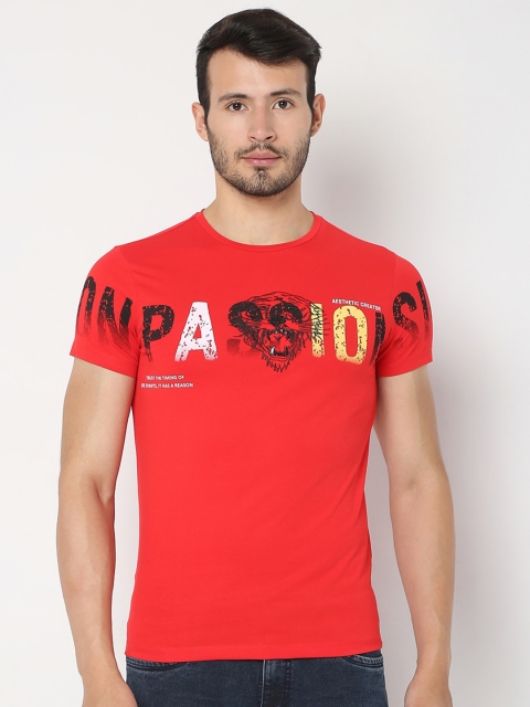 

Rex Straut Jeans Men Red Typography Printed Applique Slim Fit T-shirt