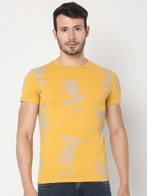 

Rex Straut Jeans Men Mustard Yellow Printed Slim Fit T-shirt