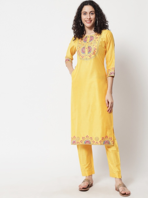 

Ramas Women Yellow Ethnic Motifs Embroidered Pure Cotton Kurta With Trousers